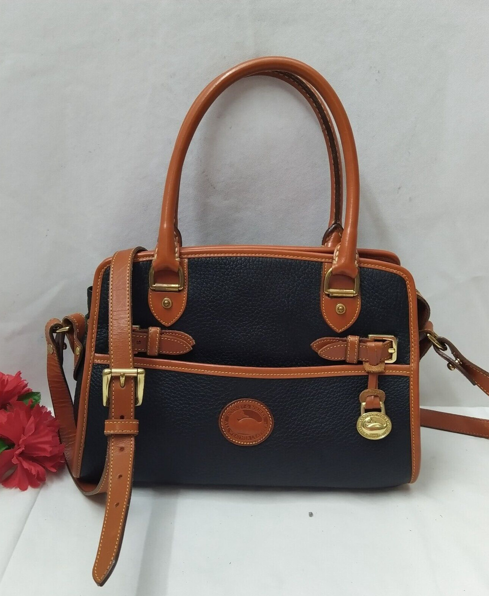 Dooney & Bourke Black Pebbled Leather Double Handle Satchel Bag -VTG Made in USA